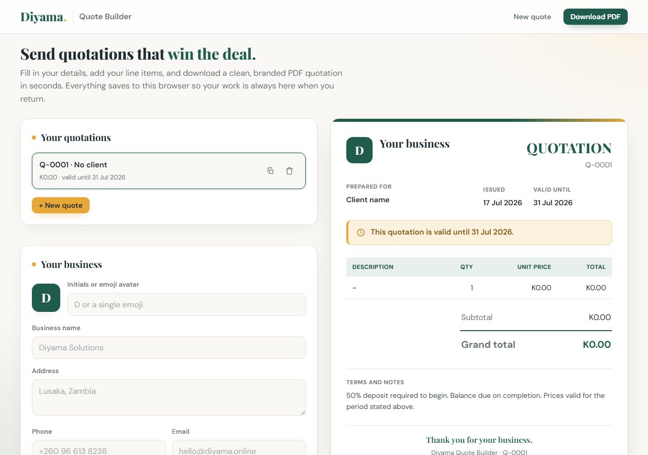 Diyama Quote Builder screenshot