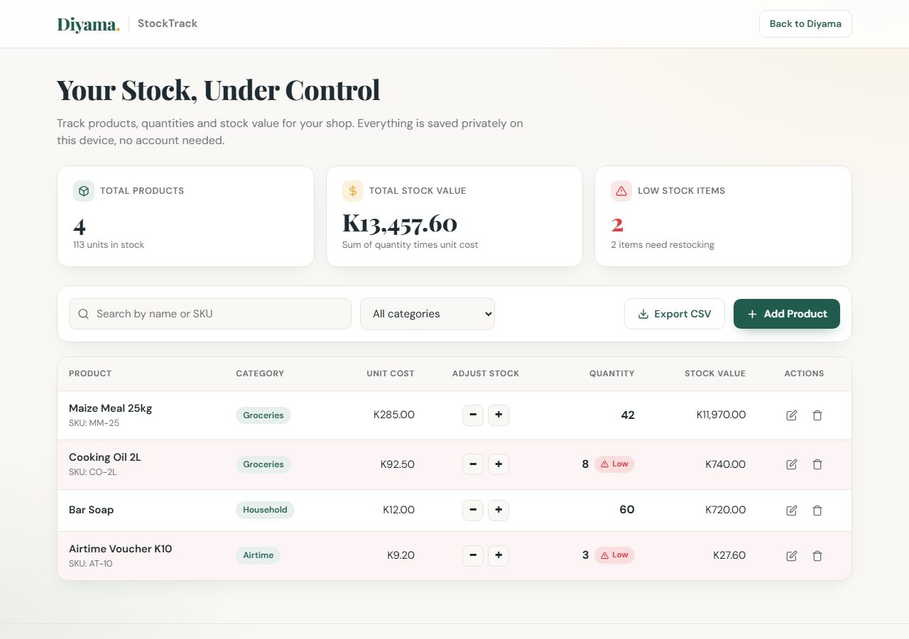Diyama StockTrack screenshot